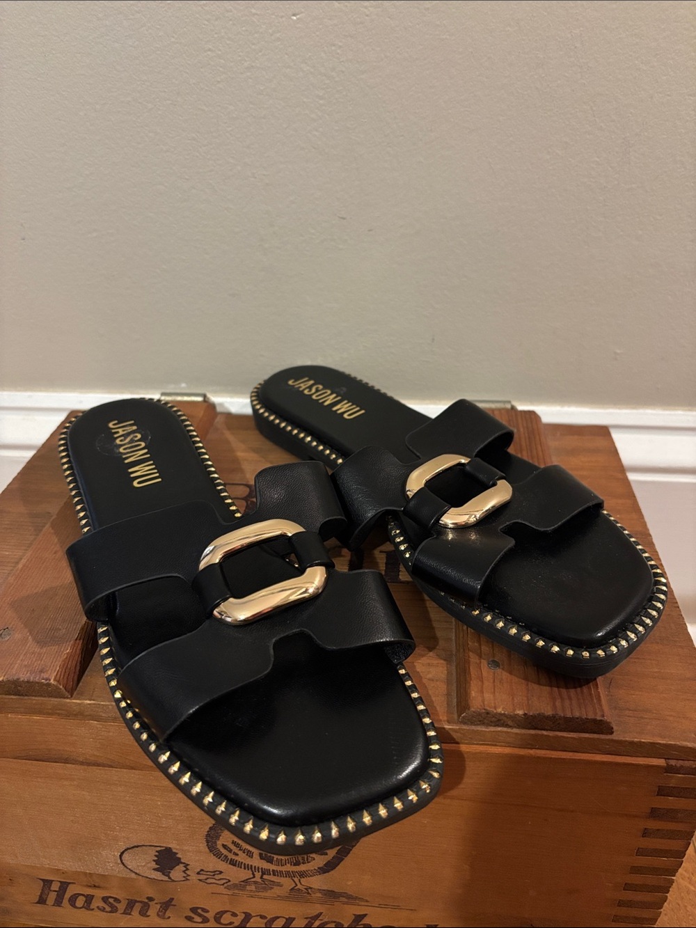 NEW Jason Wu Danis Slide Sandals Womens Size 9 Black Leather Gold Buckle Studded
